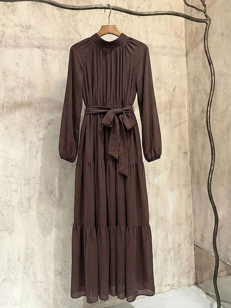 Arave 女士纯色立领褶皱腰带设计长袖时尚派对节日蛋糕裙 - 棕色 - 查看 1