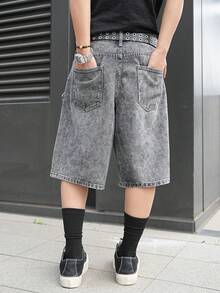 Manfinity EMRG Men's Casual Street Style Embroidered Frayed Hem Dark Grey Denim Shorts - Dark Grey - View 2