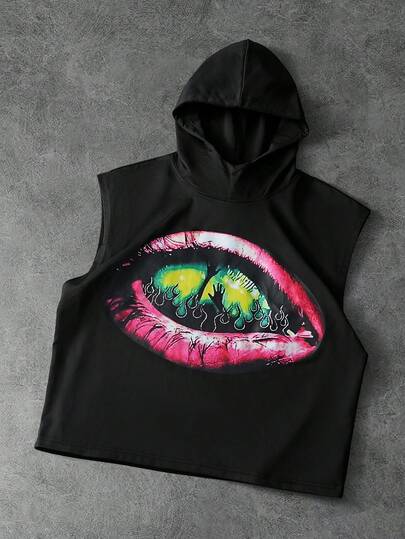 PAVTROS Herrlinne med huva och ärmlös passform, linne med huva och överdimensionerat ögonmönster för män, vår till sommar, sommar, semester, vintage, utevistelse, fest, festival, present till min pojkvän, streetwear, träning