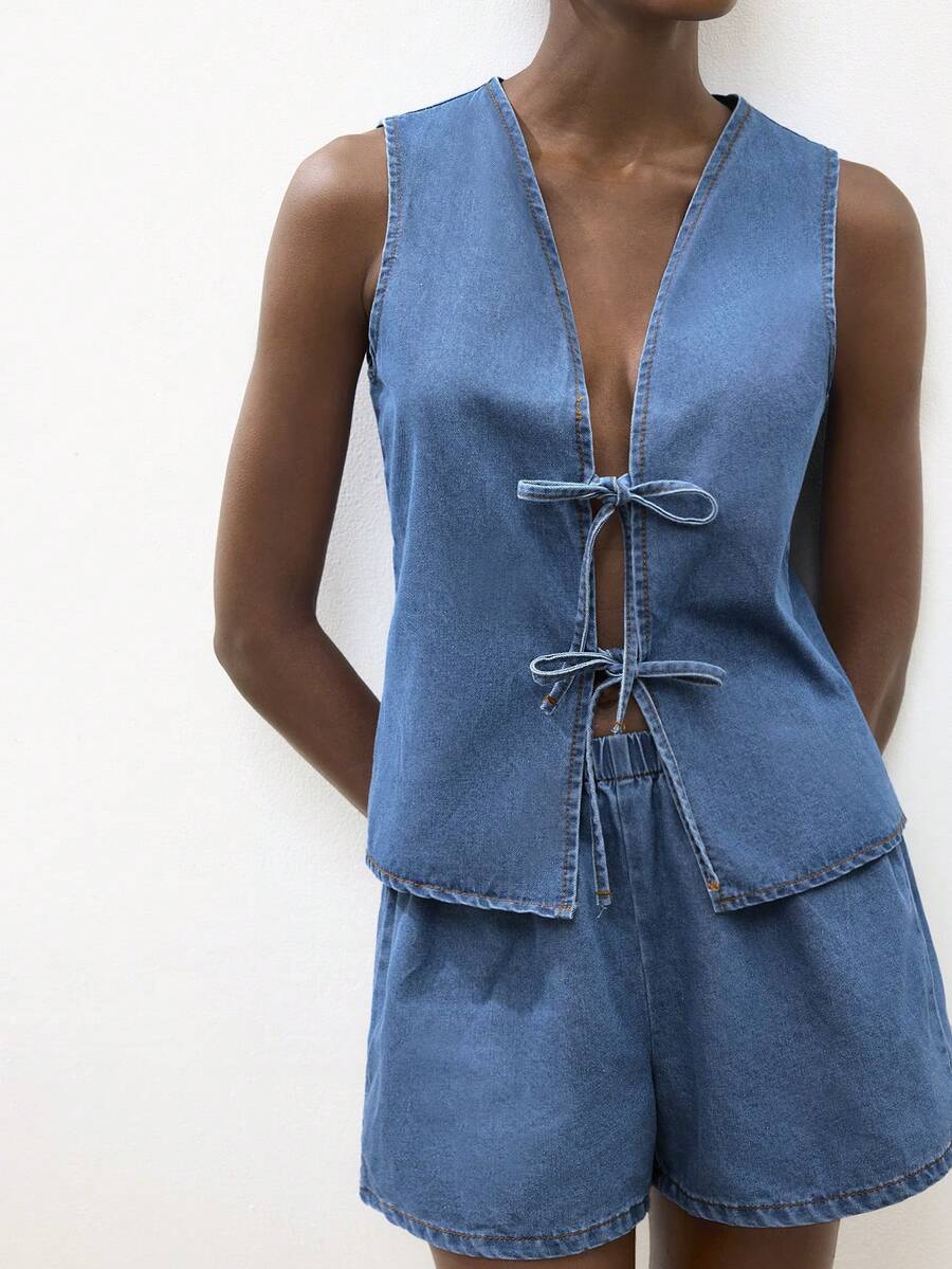 Maija Bộ đồ nữ mùa hè kiểu dáng thường ngày gồm áo vest buộc dây và quần short denim. - Rửa trung bình - Xem 1
