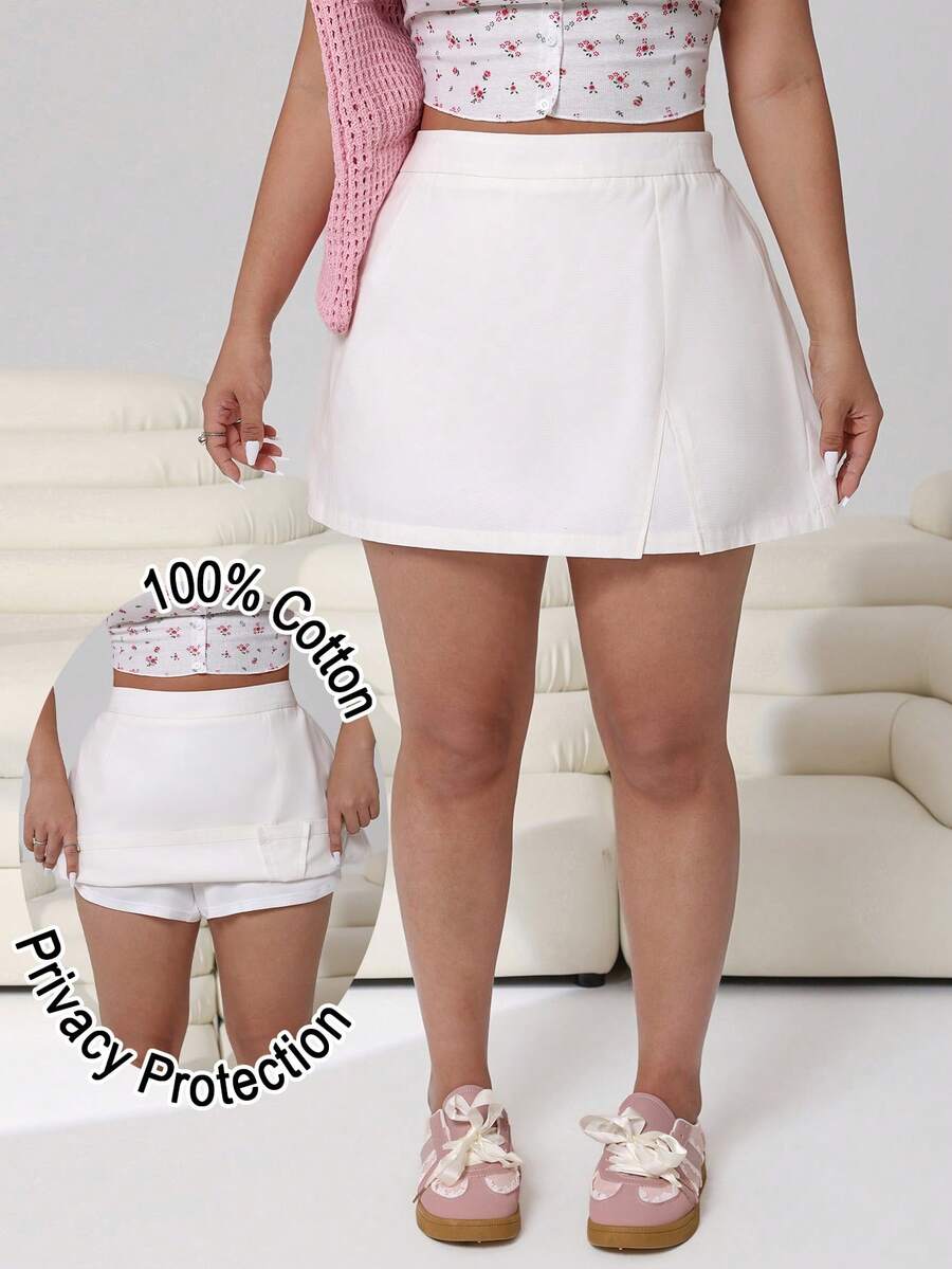 Solflare 大码女士休闲纯色A字裙，春夏款，适合2026年嘉年华女性造型，外出、海滩、度假皆宜，白色裤裙，松紧腰开衩设计，带裤衬，防止走光，面料舒适。 - 白色 - 查看 1