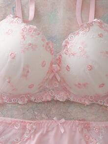 Elorette 2pcs Set Bra Balconette Nyaman dengan Kawat Penyangga dan Bantalan, Motif Bunga Bordir, 3/4 Cup, Lucu, Segar, Romantis, Punggung Terbuka, Dekorasi Pita, Set Pakaian Dalam Ukuran Besar - Berwarna merah muda - View 4
