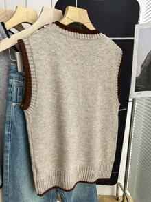 Franclia Light Beige,Autumn,Retro Vintage,School,Back-To-School Sleeveless Knit Top With Bowknot,Ribbed Trim,Contrast Binding,Comfortable Skin-Friendly Piece - Mocha Brown - View 2