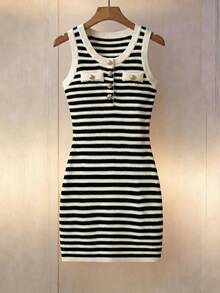 SHEIN Franclia 女士夏季欧美性感狐狸高端奢华设计成熟复古条纹紧身休闲/工作无袖毛衣连衣裙 - 黑與白 - 查看 12