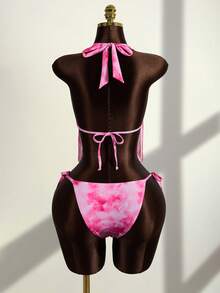 Zestiva 女士夏季海滩度假随机扎染印花3D花卉装饰吊带露背性感吊带背心和比基尼套装 - 粉色 - 查看 2