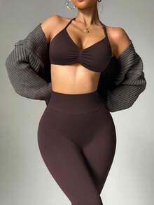 StreetHx Women's Summer Solid Color Pleated Halter Sports Bra And Leggings Set - Brown - View 5