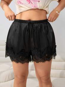 Solflare 春夏新款休闲蕾丝拼接缎面宽松短裤，适合户外、日常、派对、音乐节、毕业典礼、度假、婚礼、街头穿搭等多种场合，可外穿或内搭，大码尺码 - 黑色 - 查看 1