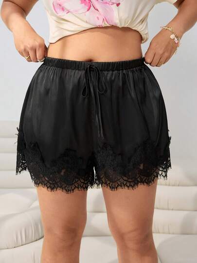 Solflare Shorts sueltos de satén con parches de encaje, nuevos para primavera/verano, adecuados para uso al aire libre, diario, fiesta, festival de música, graduación, vacaciones, boda, ropa de calle, multiusos, se pueden usar como prenda exterior o interior, tallas grandes