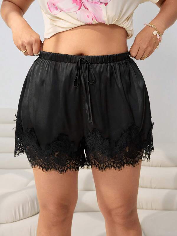 Solflare Spring/Summer New Casual Lace Patchwork Satin Loose Shorts, Suitable For Outdoor, Daily, Party, Music Festival, Graduation, Vacation, Wedding, Streetwear, Multi-Occasion Wear, Can Be Worn Outerwear Or Underlayer, Plus Size