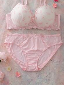 Elorette 2pcs Set Bra Balconette Nyaman dengan Kawat Penyangga dan Bantalan, Motif Bunga Bordir, 3/4 Cup, Lucu, Segar, Romantis, Punggung Terbuka, Dekorasi Pita, Set Pakaian Dalam Ukuran Besar - Berwarna merah muda - View 6