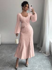 Modelyn Women's Woven Pink Long Sleeve Tie-Waist A-Line Elegant Romantic Dress - Pink - View 3