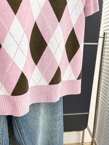 Franclia New Arrival Spring/Summer Retro College Style Colorblock Plaid Knit Pullover Sweater For Women - Pink - View 8