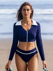 Swim SPRTY Navy & White Contrast Collar Sports Set, Cropped Waist Design, 2 Pieces Outfit - Blue and White - View 7