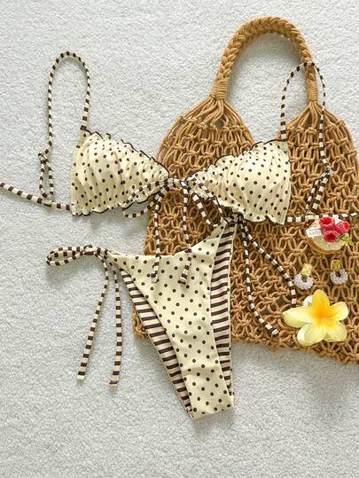 Swim Mod Women's Polka Dot & Striped Tie-Up Bikini Set, Sexy 2 Pieces Swimwear For Summer Holiday Beach