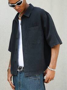 Manfinity EMRG Men's Casual Street Style Embroidered Loose Denim Short Sleeve Shirt - Black - View 8