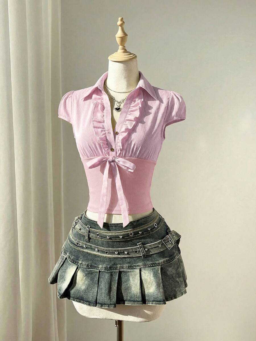 Elamini 女士黑白条纹拼接下摆纽扣领荷叶边短袖修身衬衫，性感复古欧美风 - 粉色 - 查看 1