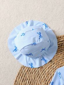 SHEIN 女婴可爱蝴蝶结条纹印花长袖防晒泳衣，前拉链设计，带荷叶边泳帽 - 藍色 - 查看 6