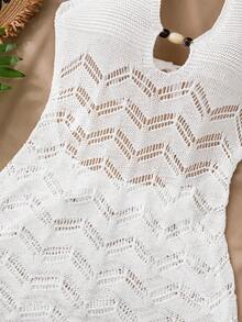 Franclia New Summer Beach Vacation Chic Sexy Lady Design Hollow Spaghetti Strap Beaded Dress, Deep V-Neck, Party Style, Elegant Bohemian Minimalist High-End Elegant Sexy Slim Fit Women Knit Dress - White - View 5