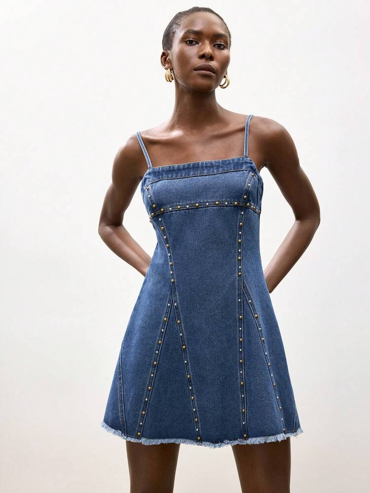 SHEIN Maija Damska letnia, swobodna sukienka dżinsowa z koralikami i ramiączkami typu spaghetti