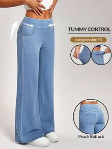 SHEIN PETITE 女士弹力腰阔腿宽松休闲百搭牛仔裤 - 淺色水洗藍 - 查看 3