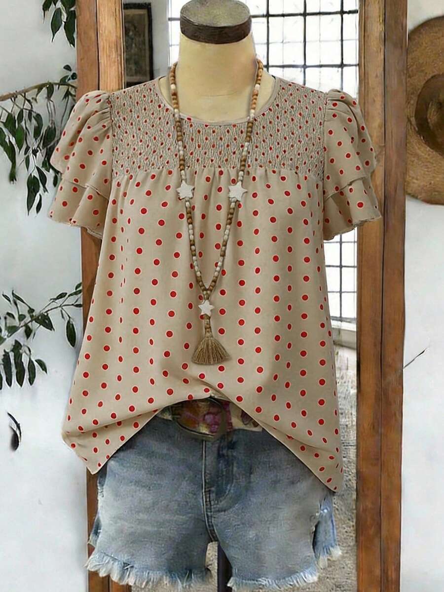 Linhara 大码女式波点褶皱双层袖休闲衬衫短袖衬衫女式衬衫夏季复古上衣女式上衣女式夏季波点上衣 - 卡其色 - 查看 1