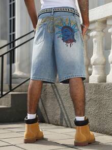 Manfinity EMRG Men's Casual Street Style Blue Denim Printed Shorts - Light Wash - View 5