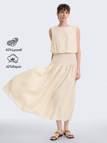 Aalyst Women's Spring/Summer Tencel & Linen French Elegant Dress, Suitable For Office, Commute, Casual, Vacation, Afternoon Tea, Beach, Romantic, High-End Round Neck, Waist Cinched, Backless, Sleeveless, Maxi A-Line - Apricot - View 5