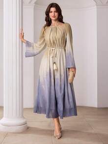 Modelyn 女士优雅浪漫长款雪纺连衣裙，带领，串珠抽绳腰带，春夏款 - 彩色 - 查看 5