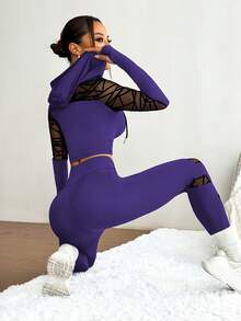 Eassivo Eassivo 女士休闲运动拼接几何网眼抽绳连帽衫和高腰紧身裤运动套装 - Bold Plum - 查看 5