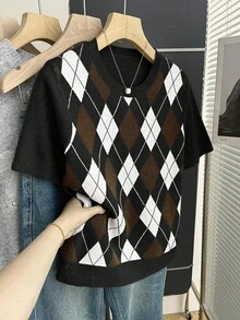 Franclia Nuevo Llegado Suéter de Punto con Bloques de Color Retro Estilo Universitario a Cuadros para Mujer, Primavera/Verano - Negro - Ver 3