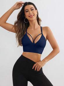 Easithlete 女士纯色镂空交叉后背运动文胸 - 藏蓝色 - 查看 5