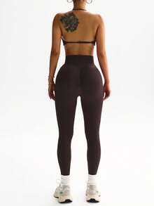 StreetHx Women's Summer Solid Color Pleated Halter Sports Bra And Leggings Set - Brown - View 7