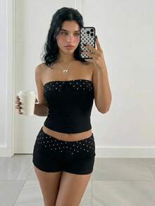 Sweetina 2pcs/Set Women Foldover Collar Crop Top & Polka Dot Waist Shorts - Black - View 5