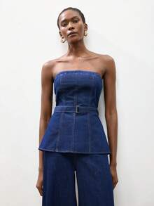 Maija Women's Fashionable Commuter Denim Tube Top For Summer - Dark Wash - View 1