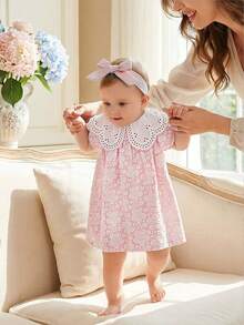 SHEIN Vintaside Kids 2026新款优雅纯色提花短袖荷叶领高腰A字公主裙，宽松版型，花卉蕾丝饰边，镂空褶皱面料，适合旅行、度假、派对、生日礼物、夏季穿着，面料柔软舒适。 - 粉色 - 查看 6