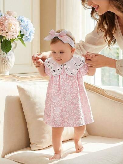 SHEIN Vintaside Kids 2026新款优雅纯色提花短袖荷叶领高腰A字公主裙，宽松版型，花卉蕾丝饰边，镂空褶皱面料，适合旅行、度假、派对、生日礼物、夏季穿着，面料柔软舒适。