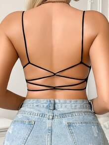 女士舒适无缝露背文胸，带罩杯，吊带内衣 - 黑色 - 查看 3
