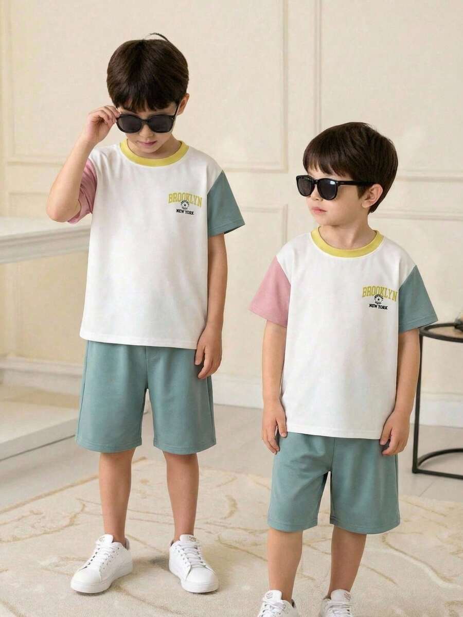 SHEIN Young Boy White Summer Back-To-School Sports Casual Short Sleeve T-Shirt And Shorts Set,Toddler Boy Clothes For Commuting,School,Daily Wear,Travel - Multicolor - View 1
