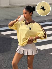 Muchica 女士撞色刺绣学院风Polo衫 - 黃色 - 查看 7