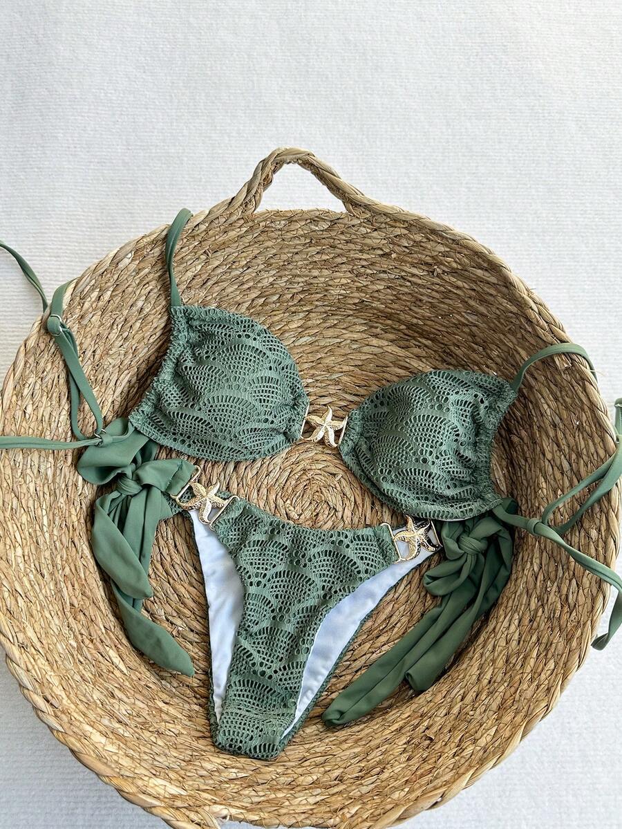 Swim Vcay 2pcs Women's Sage Green Bikini Set,Summer Casual Vacation Holiday Textured Fabric Metal Accessory Adjustable Spaghetti Strap Top&Side Tie Bottom - Army Green - View 1
