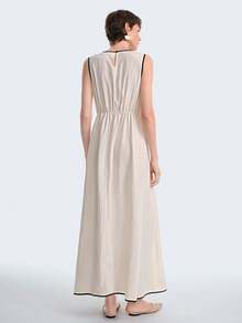 Aalyst Women's Solid Color Round Neck Black Contrast Trim Sleeveless A-Line Waist Elastic Adjustable Waist Seam Contrast Stitching Apricot Long Dress, Elegant French Retro Romantic Minimalist Formal Office Commute Business Casual Beach Holiday Street Style Afternoon Tea Comfortable Daily Casual Holiday Middle Eastern Spring Summer New - Apricot - View 7