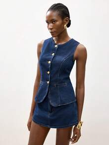 Maija 女士休闲牛仔背心和短裙套装，夏季 - 深色水洗藍 - 查看 6