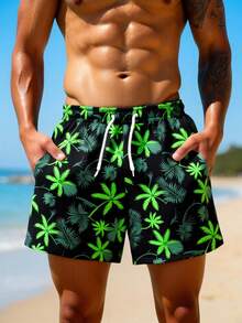 Manfinity Swimmode Men's Palm Tree Print Drawstring Waist Pocket Beach Shorts - Black - View 3