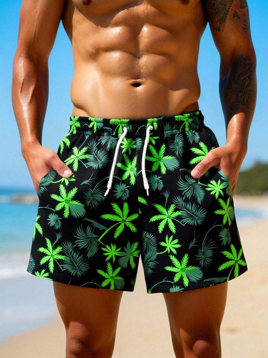 Manfinity Swimmode Men's Palm Tree Print Drawstring Waist Pocket Beach Shorts - Black - View 1