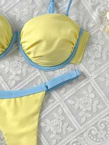 Swim Mod 女款可愛布料黃色素色比基尼套裝，配有肩帶與模壓杯設計，適合夏季泳池畔 - 黃色 - 查看 4