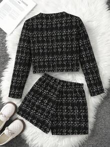 SHEIN Tween Girl 都市时尚长袖夹克和短裤套装 - 黑色 - 查看 7