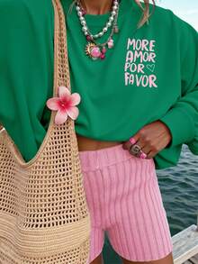 DrmWander Women's Casual Slogan & Heart Print Drop Shoulder Long Sleeve Sweatshirt, Suitable For Vacation - Dark Green - View 2