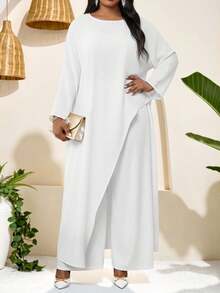 SHEIN Lady 大码纯色圆领不对称下摆长袖上衣和阔腿裤两件套 - 白色 - 查看 1