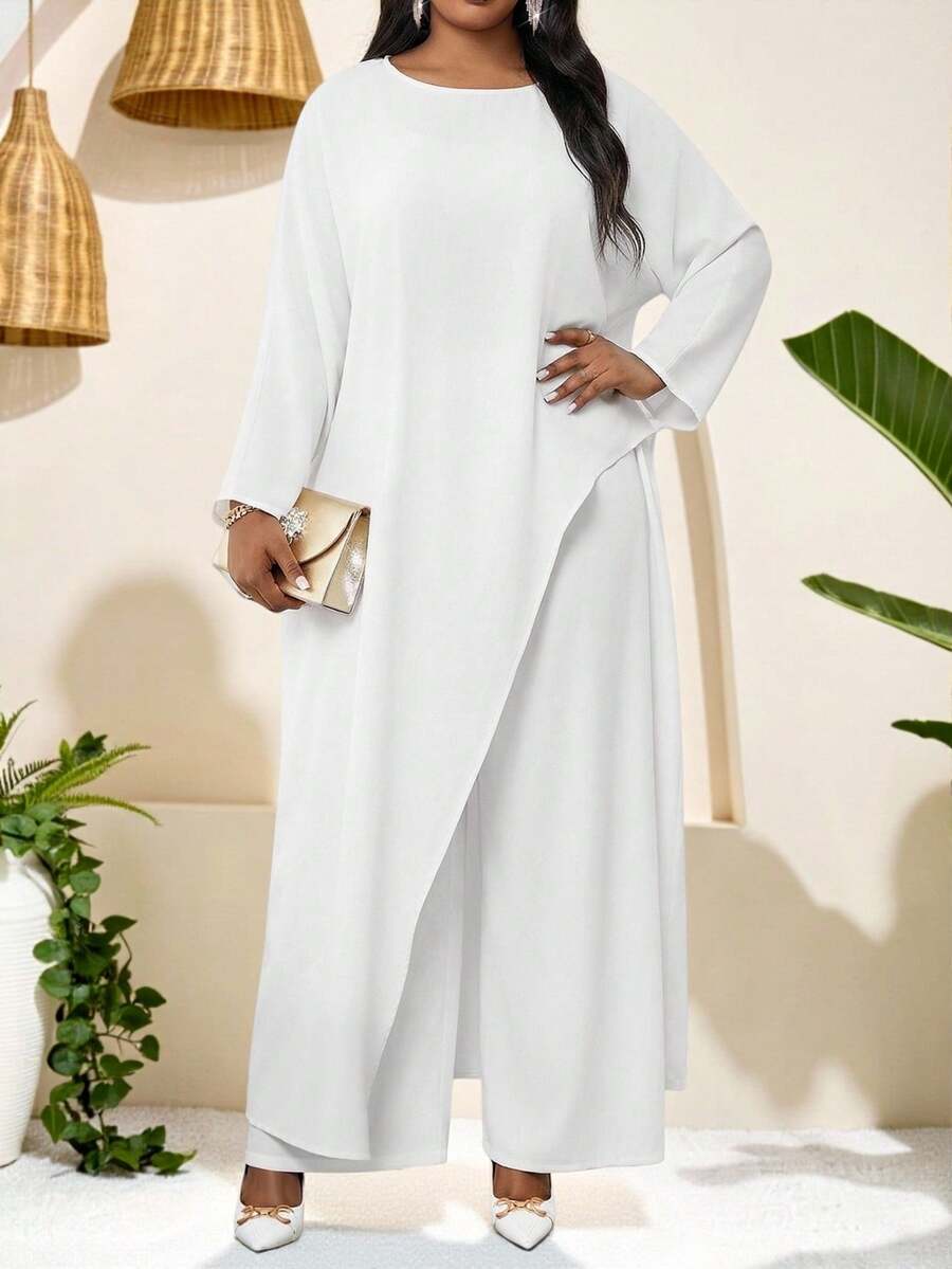 SHEIN Lady 大码纯色圆领不对称下摆长袖上衣和阔腿裤两件套 - 白色 - 查看 1