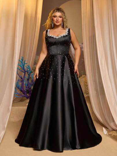 Glamrae Plus Size Elegant Luxurious Romantic Black Sleeveless Strap Floral Rhinestone Embellished Voluminous Maxi Dress, Suitable For Evening Party, Gala, Wedding, Holiday Events